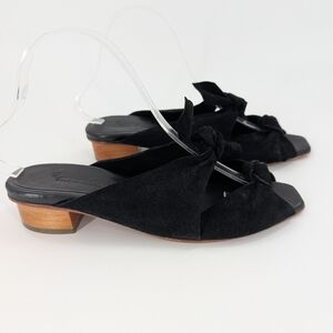 Eva Credo Black Suede Knot Slide Sandals Wood Block Heel Peep Toe 7.5 Minimalist